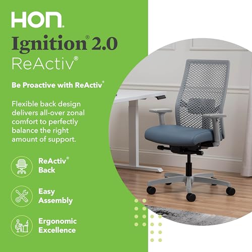 Image of HON Ignition 2.0 ReActiv Ergonomic Office Chair, Mesh Desk Chair with Lumbar Support, Advanced Synchro‑Tilt, Height and Width Adjustable Arms, Swivel Wheels, Titanium Frame, Nimbus
