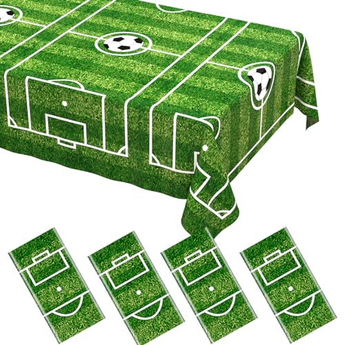 Image of WNINK 4 Pack Soccer Tablecloths 54 inch x 108 inch Disposable Plastic Table Covers for Soccer Themed Parties, Sports Events & Decorations, Rectangular Grass Design