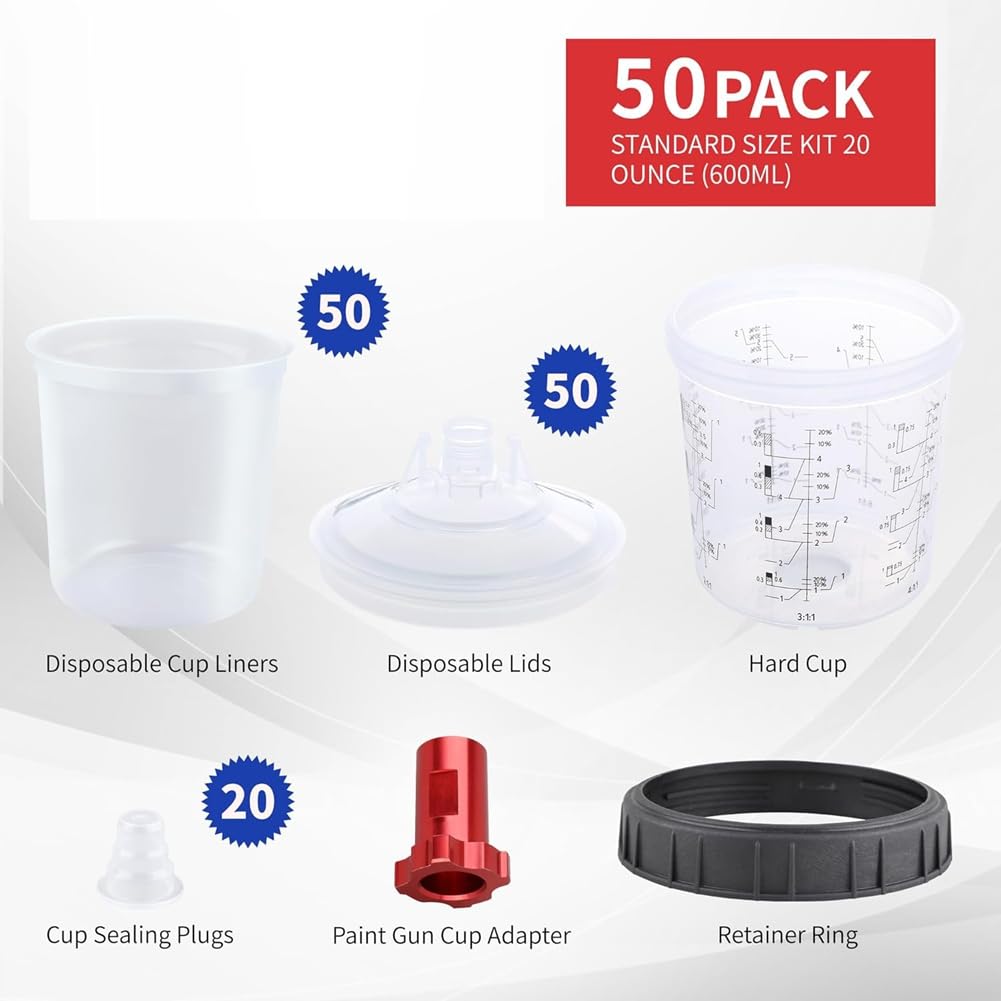 Kubek do pistoletu do farby, 600 ml, zestaw z 50 kubkami i systemem pokrywek, 10 zatyczek i 1 twardy kubek z pierścieniem mocującym, 1 adapter do kubka