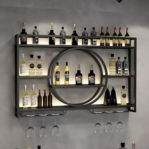 PIKYsailed 39 Inch Metal Wall Mounted Wine Rack, 3 Tier Bar Shelves with Glass Holder, Large Capacity Modern Liquor Shelves for Home Bar, Dining Room & Kitchen, Black
