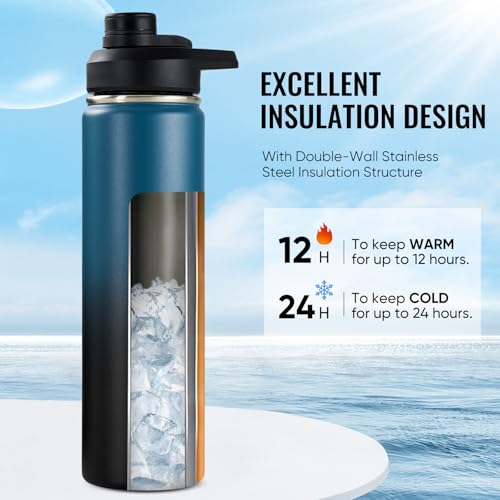 Image of Fijinhom Insulated Water Bottle with Handle, 304 Stainless Steel Water Bottles with Wide Mouth, Double Wall Vacuum Sports Water Bottle, BPA Free, Keep Cold and Hot, 24 Ounces, Blue&Black