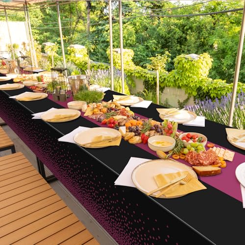 Image of 3Pcs Black and Maroon Purple Tablecloth Party Decorations,Plastic Black Table Cloth Printed Maroon Purple Table Runner Disposable Rectangle Table Cover for Birthday Wedding Graduation Party,54x108Inch