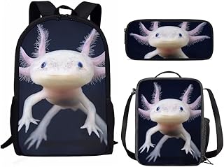 AmzPrint Axolotl Animal Print Bookbag With Lunchbox For Girls American Children Back To School Gift 3pcs Backpack Set