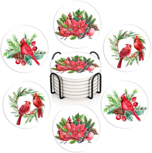 Britimes Christmas Coaster, Set of 6, Red Holly Sprigs Berries wi...