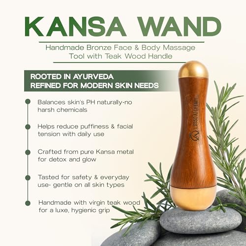 Image of Kansa Wand Ayurvedic Dual Sided Kansa Wand Massager | 100% Bronze & Teakwood handle- Portable Face, Neck, Body & Foot Massager | Promotes Relaxation & Improves Blood Circulation | Face Yoga Wellness Tool