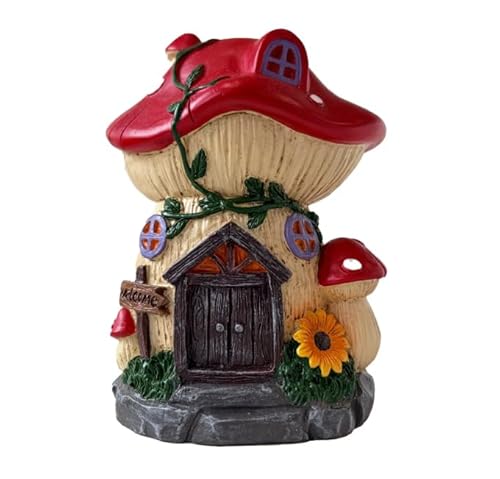 Fairy Garden Mushroom House Figurine -Whimsical Poly-Resin Accent Piece (Red-Orange