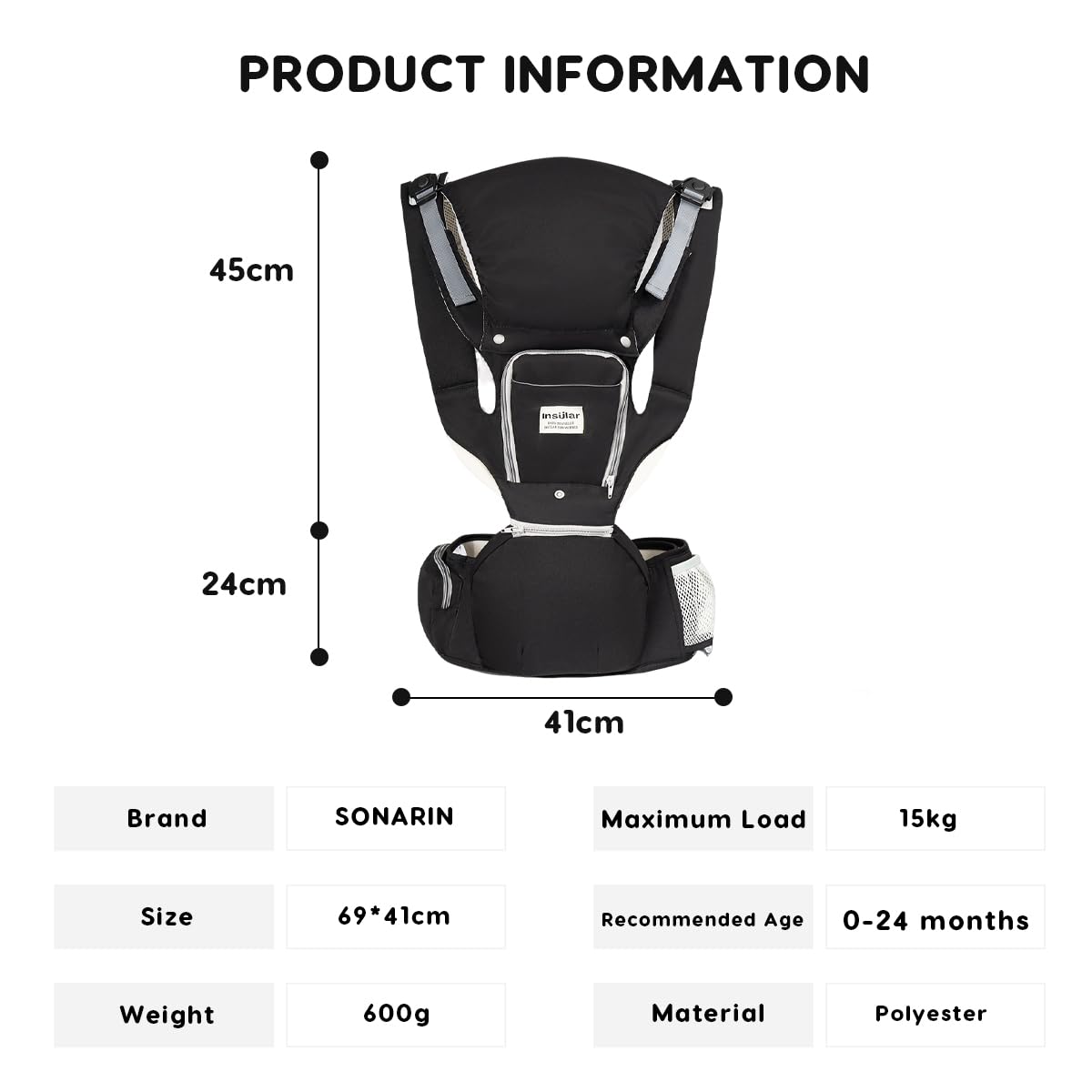 SONARIN 3-in-1 Leggero Marsupio Neonati con Sedile,Multifunzionale Traspirante Portantina Porta Bambino Fascia Porta Bebè con Cappuccio Rimovibile,Multi-Posizioni per Neonati(Nero)
