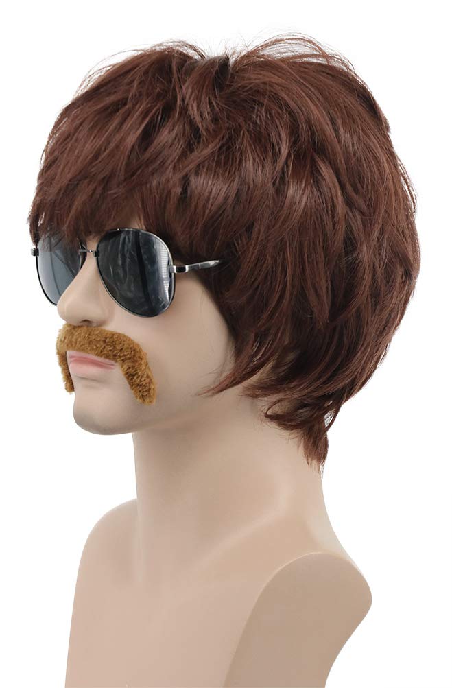 Karlery Adult Men Short Straight Brown Disco Wig California 70s 80s Rocker Moustache Wig Halloween Costume Cosplay Anime Wig - Image 2