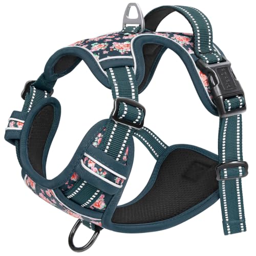 Image of HEELE Dog Harness, Reflective, No Pull No Choke, Flower Blackish Green, S | Front Clip for Small Dog Harness, 2 Metal Rings with Handle, Adjustable, Soft Breathable Padded Pet Vest for Night Walking