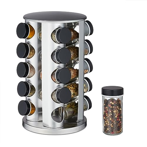 Relaxdays Carrusel Especiero Giratorio, 20 Dosificadores, Rotatorio, Soporte Especias Rellenables, Acero Inoxidable, Plata/Negro, 34,5 x 22 x 22 cm