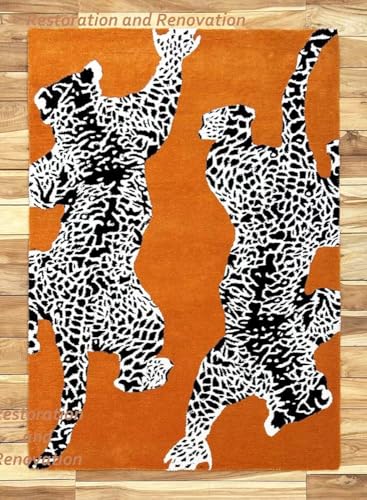 Image of Restoration and Renovation Climbing Jaguar Modern Handmade Wool Rug for Living Room, Bedroom and Dining Room (Orange, 5' x 8')