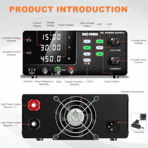Image of NICE-POWER DC Power Supply Variable, 15V 30A 450W High Power Switching DC Regulated Bench Power Supply with Output Switch, OCP & OVP, Memory Function, Encoder Knob, 4-Digit LED Display, Lock Button