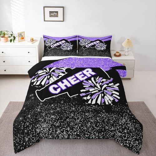 Image of Feelyou Purple Glitter Cheer Comforter Set Dreamy Girly Gymnastic Sports Comforter for Kids Boys Girls Gymnastics Lovers Bedding Set Cheer Sports Glitter Duvet Set Room Decor Quilt Queen Size Boys