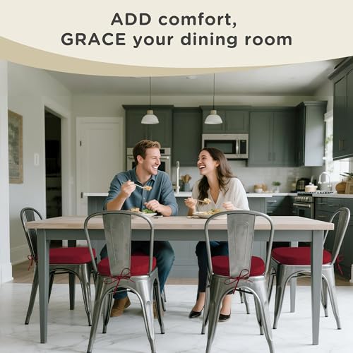 Image of AddGrace Set of 4 Chair Cushions for Metal Dining Chairs 14x14 Red | Non Slip,Washable Removable Cover with Ties, Textured, for Kitchen Dining Room Indoor, Hard Wooden Chairs, Family Gathering