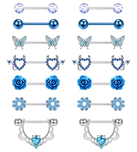 JeryWe 7 Pairs 14G Nipple Rings for Women 316L Stainless Steel Heart Butterfly CZ Flower Barbell Nipple Rings Set Cute Nipplerings Piercing Jewelry