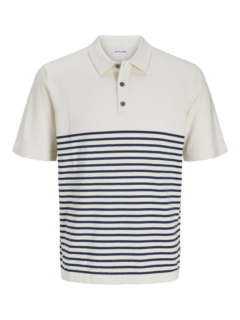 JACK&JONES JJEEMIL Knit Relaxed Polo SS SN, Cloud Dancer/Stripes:w. Navy Blazer, M