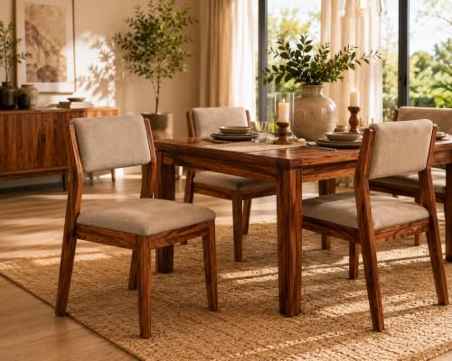 Image of Genuine Decor Solid Sheesham Wood Dining Chairs Set of 2, Beige Upholstered Cushioned Seat, Rustic Teak Brown Finish, Wooden Dining Chair for Dining Room, Kitchen & Living Room, Made in India
