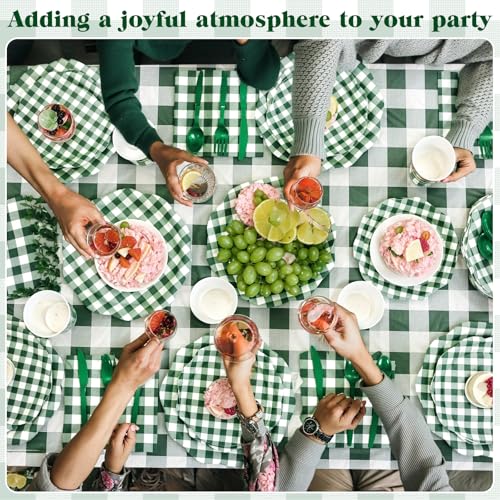 Image of Funnymoom 452 Pcs Green Gingham Party Supplies for 50, Dark Green Plaid Checkered Paper Plates Napkins Cups Tablecloth Cutlery Straws for Holiday Birthday Baby Shower Party Decoration