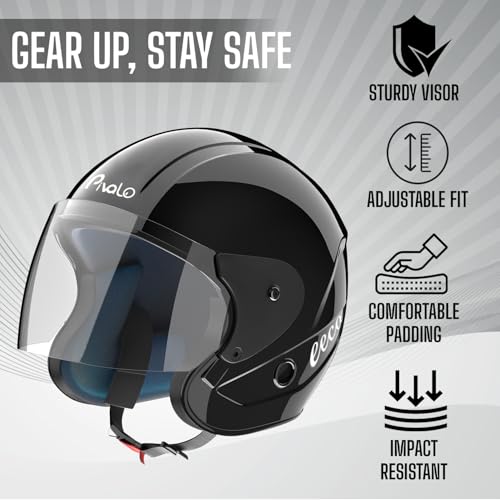 Image of Pivalo EECO Open Face Helmet ISI Certified Smooth Finish Lightweight & Compact Unisex Half-Face Helmets with Clear Visor & Adjustable Strap for Bike Men Women (Glossy Black, 580mm)