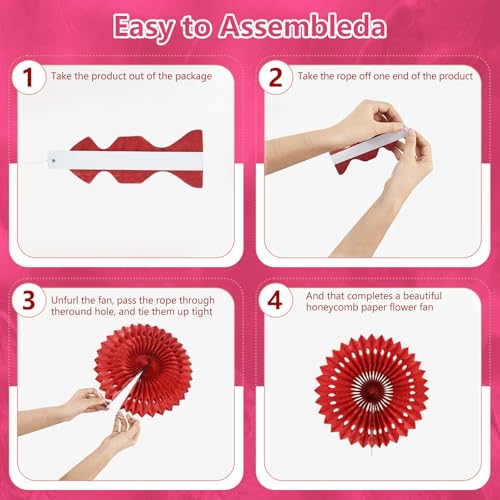 Image of 20 Pcs Rose Red Hanging Paper Fan, Hanging Honeycomb Round Paper Fans for Weddings, Birthdays, Easter, Baby Showers, Classroom, Events Ceiling Party Supplies Decorations