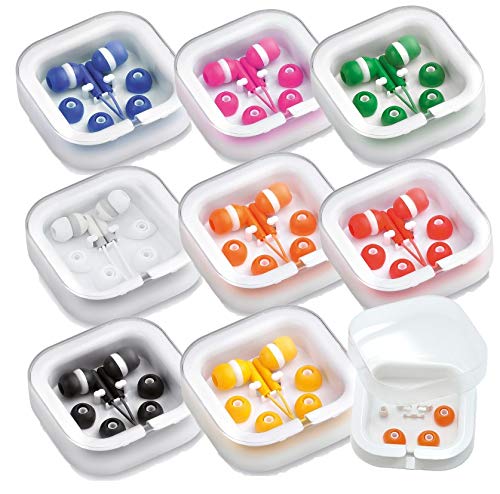Publiclick Lote 100 Auriculares Sencillos,servidos en 8 Colores por defecto,conexión Jack de 3,5mm y Cable en Color a Juego servidos en Bolsa, Auriculares congresos, Empresas