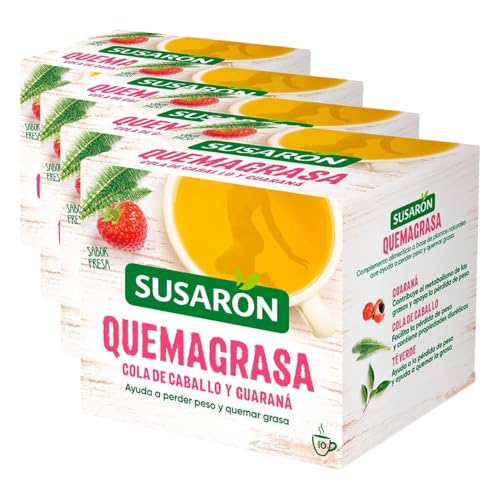 Susarón | Infusión Quemagrasa Cola de caballo y Guaraná | Sabor Fresa | Caja 10 bolsitas (Paquete de 4)