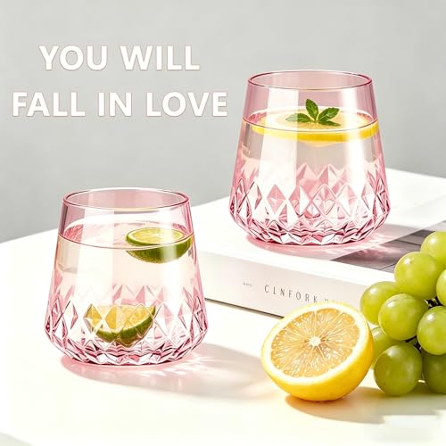 Image of Lueumxc 40 Pack Pink Plastic Wine Glasses, 14Oz Rhombus Disposable Wine Glasses Unbreakable Clear Plastic Cocktail Glasses Recyclable Shatterproof Reusable Wine Cups