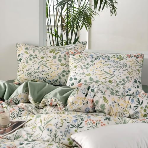 Image of MKXI Queen Size Wildflower Duvet Cover Set Sage Green Spring Floral Bedding Set Rustic Cabin Duvet Cover Green and White Botanical Duver Cover Fresh Bedding Collection 100% Cotton