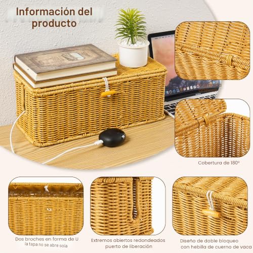 Miniatura 4 de Gucass Juego De 2 Organizadora Cables De Ratán, Cajas Guarda Cables Con Tapa, Caja Para Cables Con 10 Bridas, Organizador Cables Caja Para Ocultar Regletas De Enchufes Y Cables, Para Oficina, Hogar