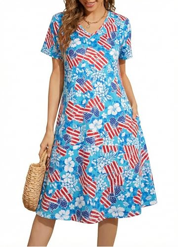 Image of LUKYCILD American Flag Dress Women 4th of July Patriotic Shirt USA Stars Stripes Dresses Sexy V- Neck Summer Sundress