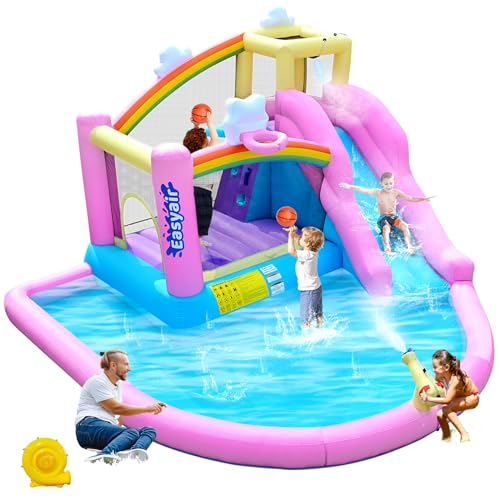 Image of Easyair Inflatable Bounce House Water Slide Combo, Blow Up Water Slides for Backyard, Kids Jumper with Climbing Wall, Basketball Hoop, Splash Pool with Blower