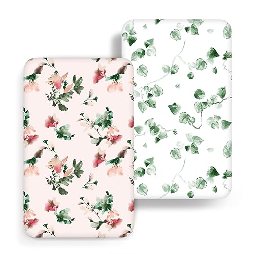 Image of ACRABROS Pack and Play Sheets, Mini Crib Sheets for Boys Girls,Snug Fitted Playard Sheet Bedding Mattress Protector,2 Pack,Flowers&Plants