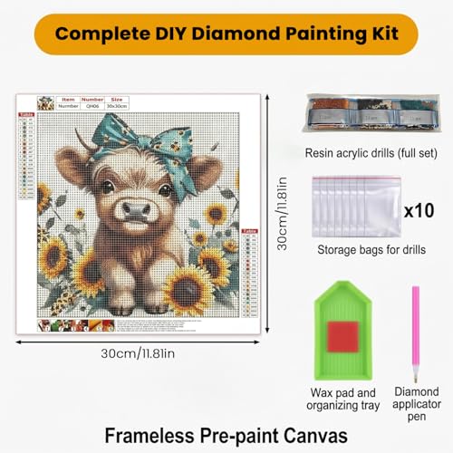 Image of HASTHIP Diamond Painting Kit Cow and Sunflowers 30x30cm Pre-Printed Canvas