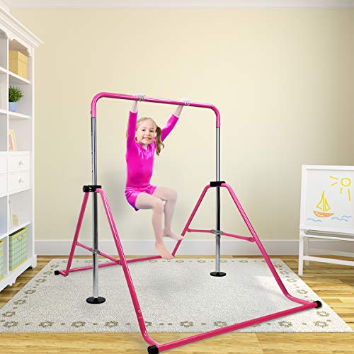 Gymnastics Bar for Kids with Swing Seat Set, Adjustable Height Folding Gymnastic Junior Training Bar Children Monkey Horizontal Bars - Max Load 170LBS(Pink)