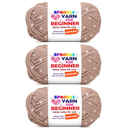 Image of 3 Pack Rose Gold Sparkle Yarn for Crocheting and Knitting,Rose Gold Metallic Glitter Crochet Knitting Yarn for Beginners with Easy-to-See Stitches Easy Yarn for Beginners Crochet Kit(3x50g)