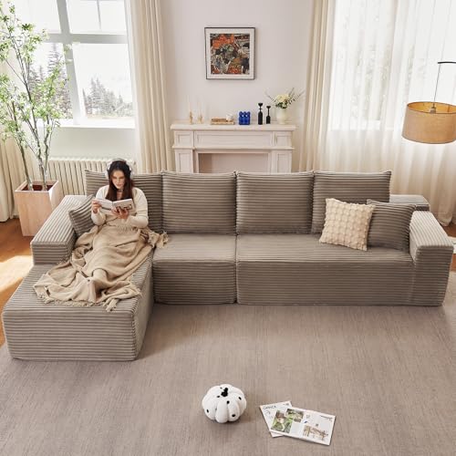 Image of 135.4 inch Modular Sectional Sofa, Modern Corduroy Cloud Couch with Deep Seat, Boneless Couch Upholstered 4-Seater L-Shaped Sofa for Living Room, No Assembly Required (Camel, Left-Facing Chaise)