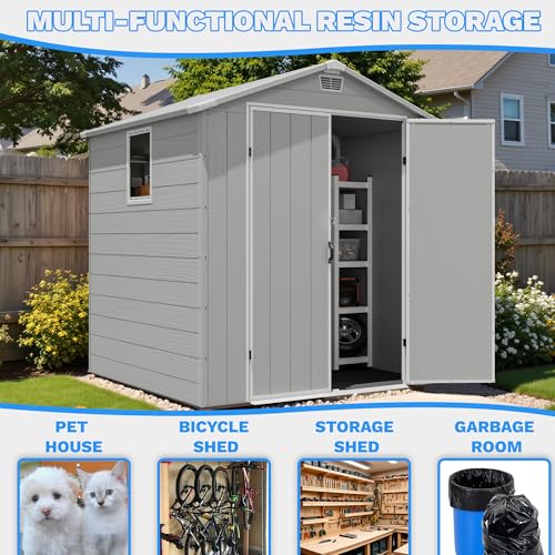 Image of Greesum 6x6FT Plastic Outdoor Storage Shed with Floor, Resin Sheds with Lockable Double Door, Tool Sheds with Window and Vents, for Garden, Backyard, Patio, Light Gray