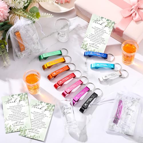 Kritkin 200 Pcs 50 Sets Wedding Favors for Guest Bulk 2 oz Cheers to Love Acrylic Shot Glasses Wedding Bottle Openers with Thank You Cards Bags for Guest Souvenirs Gifts Newlyweds Bridal Shower