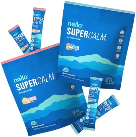 Nello Supercalm Drink Mix - Blue Coconut and Raspberry Lemonade KSM 66, Magnesium Glycinate & L-Theanine Supplement - Focus and Relaxation Support (2 x 20 Travel Packets)