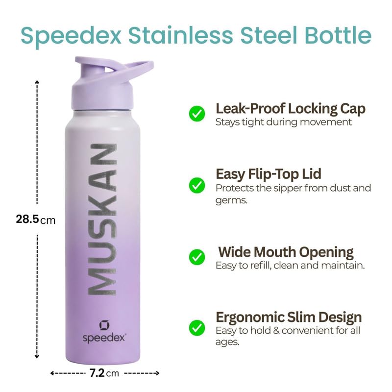 Image of Speedex Engraved Name Stainless Steel Sipper Water Bottle 1 Ltr - Customised Personalised Bottle for Kids & Adults, School, Gym, Sports, Dual Purple, Set of 1