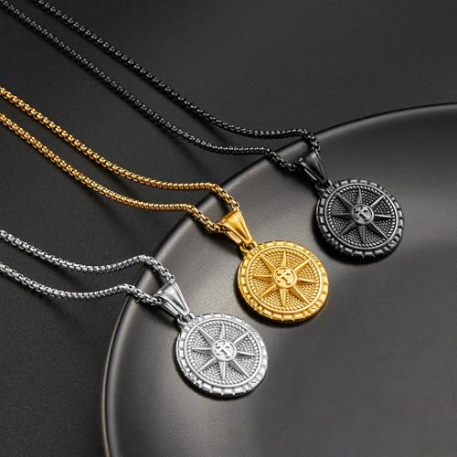 Men's Compass Pendant Necklace, Circle Vintage Coin Stainless Steel Compass Necklace Navigator Forged for Male Talisman Travel Jewelry, Inspirational Graduation Gifts (Gifts Box)3