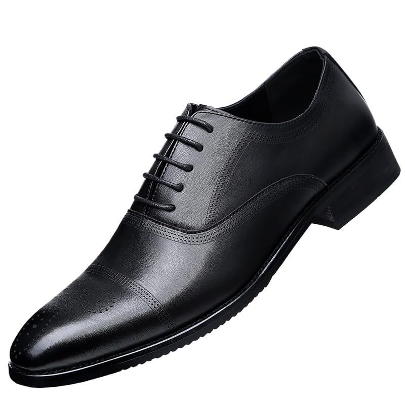 Formal Dress Shoes for Men Lace Up Pointed Burnished Toe Brogue Embossed Cap Toe Faux Leather Anti-Slip Rubber Sole Low Top Non Slip Wedding