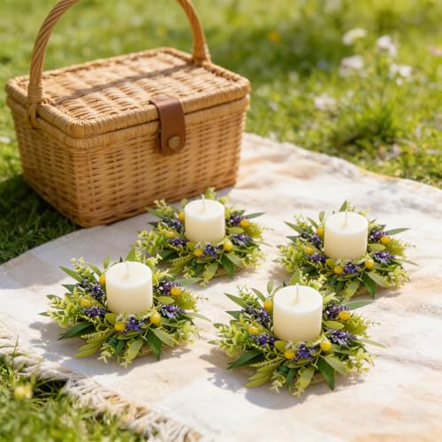Image of 6 PCS Eucalyptus Olive Candle Rings Wreaths Spring Summer Greenery Kitchen Cabinet Wreaths Mini Green Boxwood Leaves Candle Wreath for Pillars Farmhouse Wedding Celebrations Tabletop Decoration