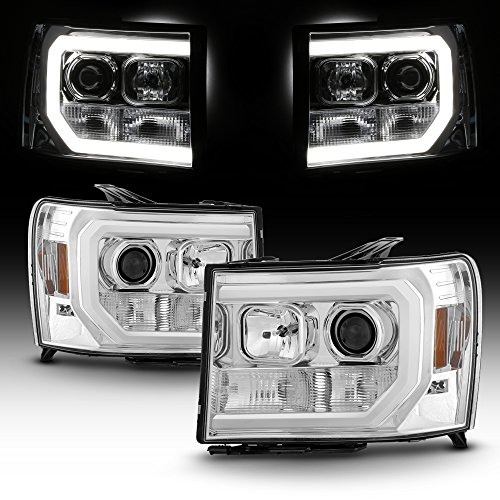 For 2007-2014 GMC Sierra 1500 2500 3500 LED Light Tube Chrome Projector Headlight Driver + Passenger