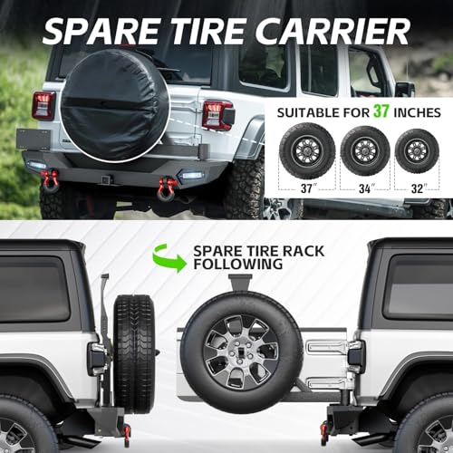Image of for JL JLU Rear Bumper with Spare Tire Carrier Compatible with 2018 2019 2020 2021 2022 2023 2024 2025 2026 Jeep Wrangler JL JLU with LED Lights, License Plate Frame, 2 inch Hitch Receiver, D-rings