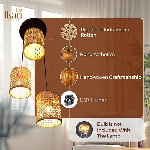 Image of Ikari Homes Rattan Chandelier 3 in1 Pendant Light, Natural Beige, Boho Style, E27 Base, Chandelier for Living Room I Dining I Bedroom I Balcony I Adjustable Wire - (Bulbs not Included) (Hex Mesh)