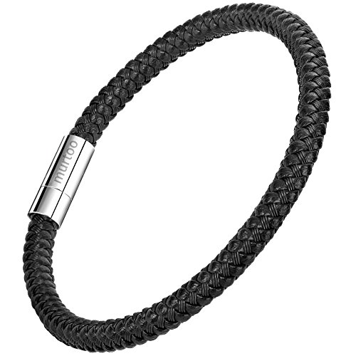 murtoo Mens Bracelet Bead Leather Bracaelet, Black Steel Chain and Tiger Eye Bead Bracelet and Cuff for Men with Adjustable Clasp (Dark Black, 7.50)