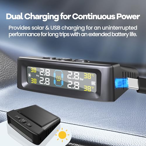 RV Tire Pressure Monitoring System, 4-Wheel Real Time Wireless TPMS for Cars, SUVs & Light Trucks (0-6 BAR, 0-87 PSI, Solar/USB Charging) with 10 Tire Repair Rubber Nails ±0.1 BAR - Image 5