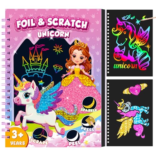 CutteeyFyry Folienspaß FüR Kinder,Einhorn Folienspaß &Scratch Painting Kunst Set 2-In-1,Foil Art Bastelset FüR Kinder Alter 3-10,Geburtstag Weihnachten Reise Spielzeug Geschenk FüR MäDchen