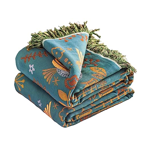 Image of VANJOROY Boho Throw Blanket, 100% Organic Cotton Breathable Ultra Soft 80 inch x 90 inch Bed Quilt Throw - Floral Rustic Bird Farmhouse Decor Luxury Reversible Blanket for Sofa Couch Chair and Gift,Teal /Beige